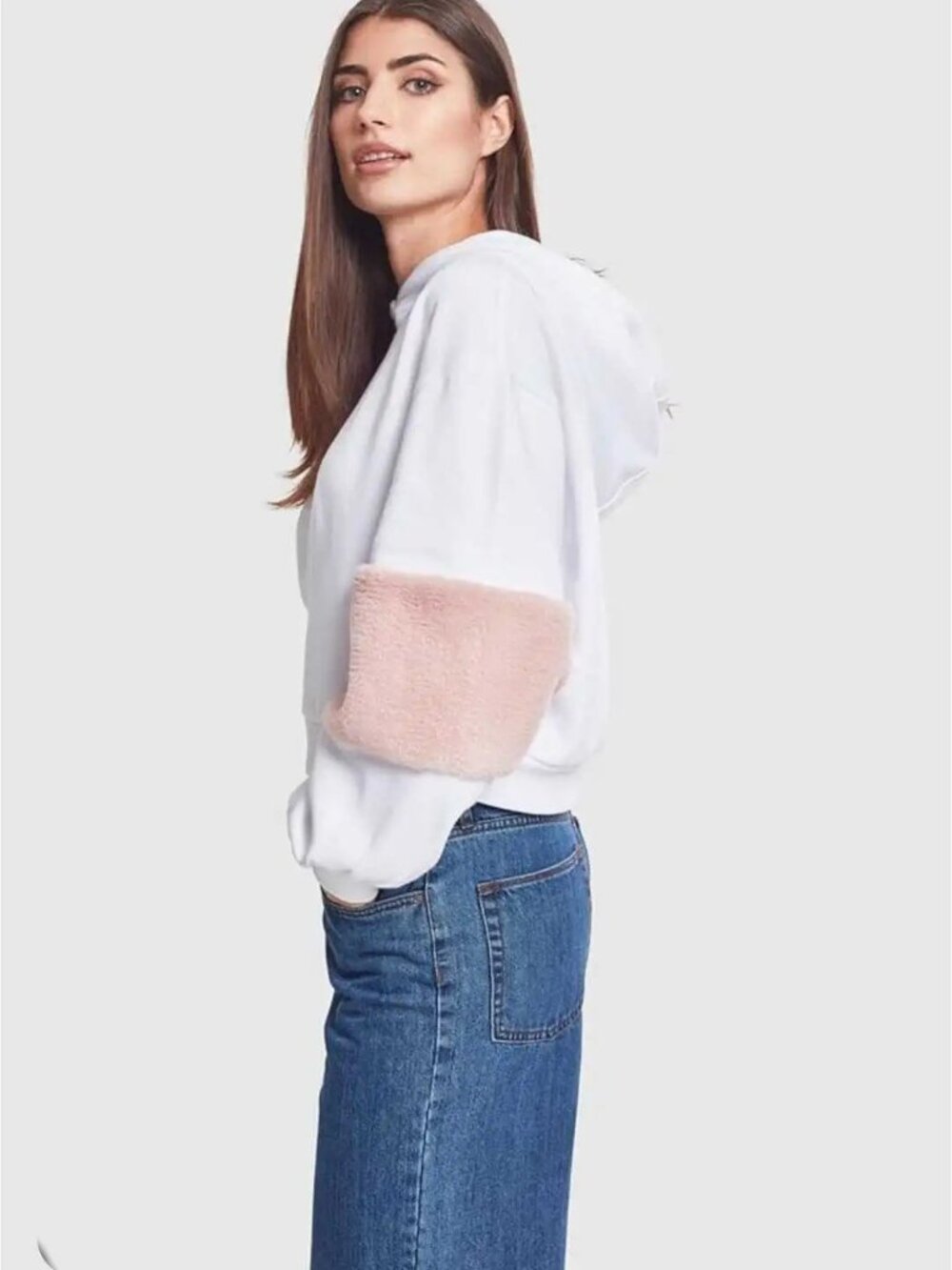 Women's Urban Classics White Hoodie Pink Faux Fur Sleeve Detail